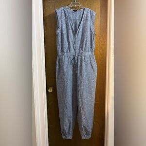 Ashley Stewart Blue Linen Blend Sleeveless Jumpsuit